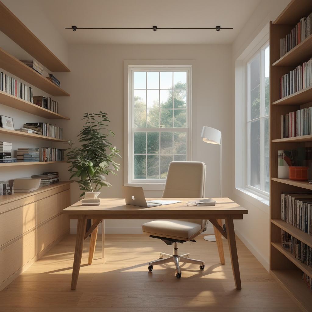 Minimalist home office workspace with a wooden desk at proper height, neutral ergonomic chair, natural daylight from a wide window, books arranged neatly, calm and organized atmosphere