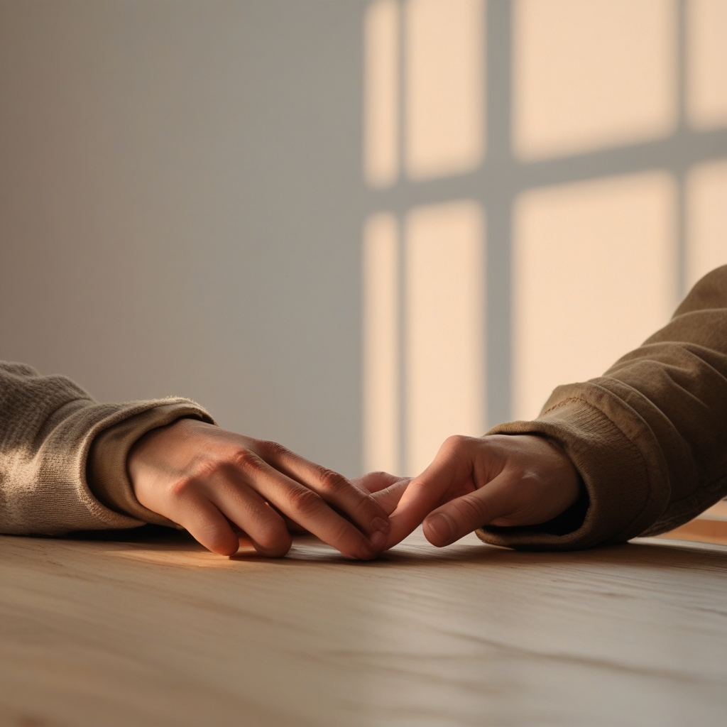 Human hands gently placed on a wooden table edge in a resting position, soft morning light from a window casting warm shadows, plain background, tranquil and unhurried mood