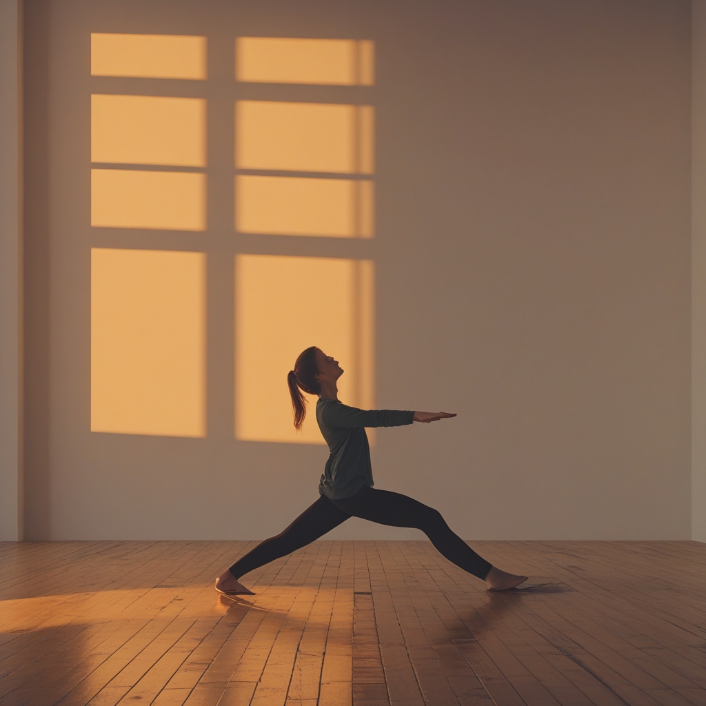 Abstract cinematic scene of a human silhouette in a gentle stretching pose against warm golden light, set in a spacious minimalist room with wooden floor and high ceilings, deep shadows creating dramatic contrast
