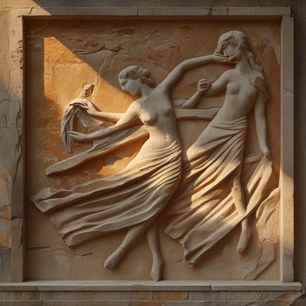 Ancient stone relief texture depicting stylized human figures in flowing movement poses, warm amber tones, dramatic side-lighting creating deep shadows, archaeological aesthetic