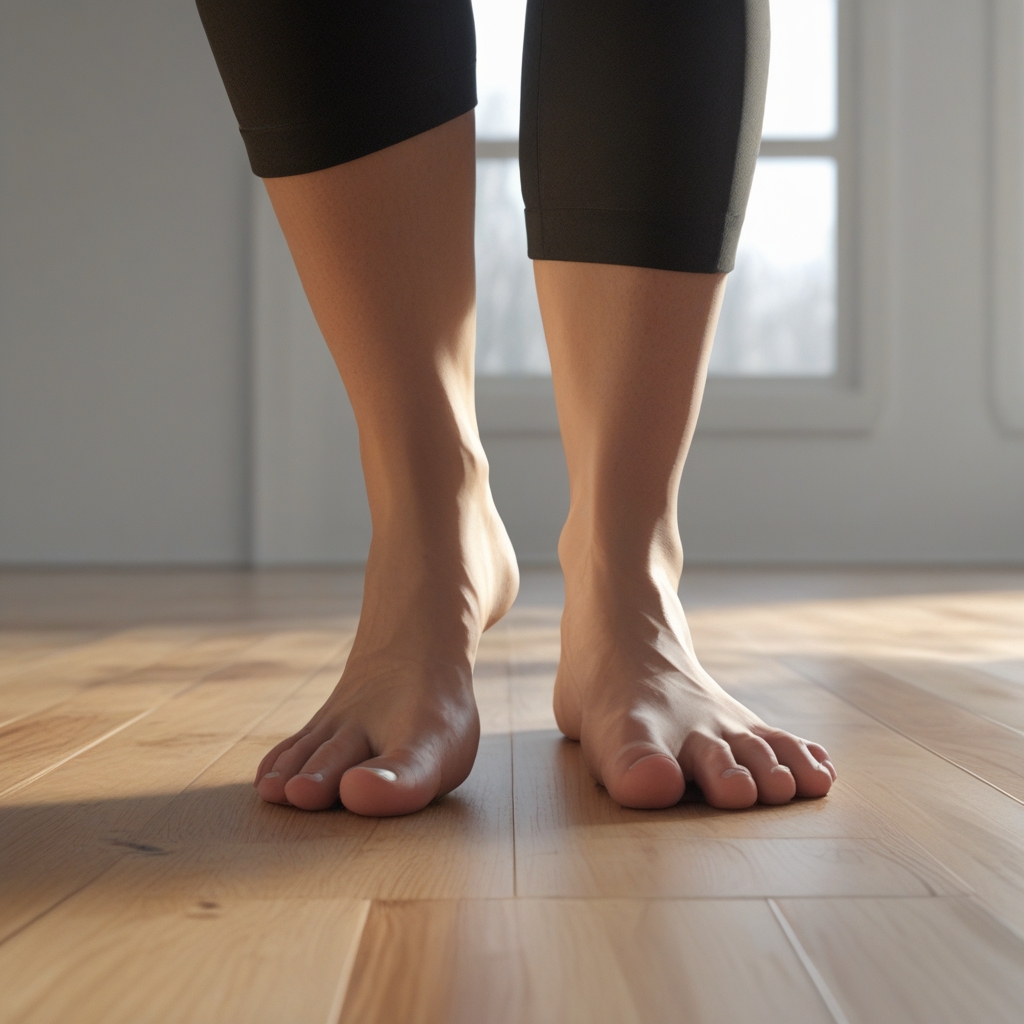 Close-up of human feet and lower legs on a natural wooden floor in a quiet indoor space, soft morning light coming from the left, neutral tones, calm atmosphere suggesting gentle movement awareness