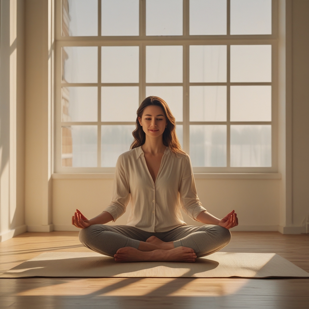 Person in a calm seated cross-legged position on a natural fiber yoga mat in a sunlit room with large windows, neutral clothing, warm morning light casting long gentle shadows, no faces visible